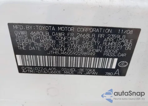 2009 Lexus Es 350 z USA, uszkodzony, nr VIN JTHBJ46G592298949